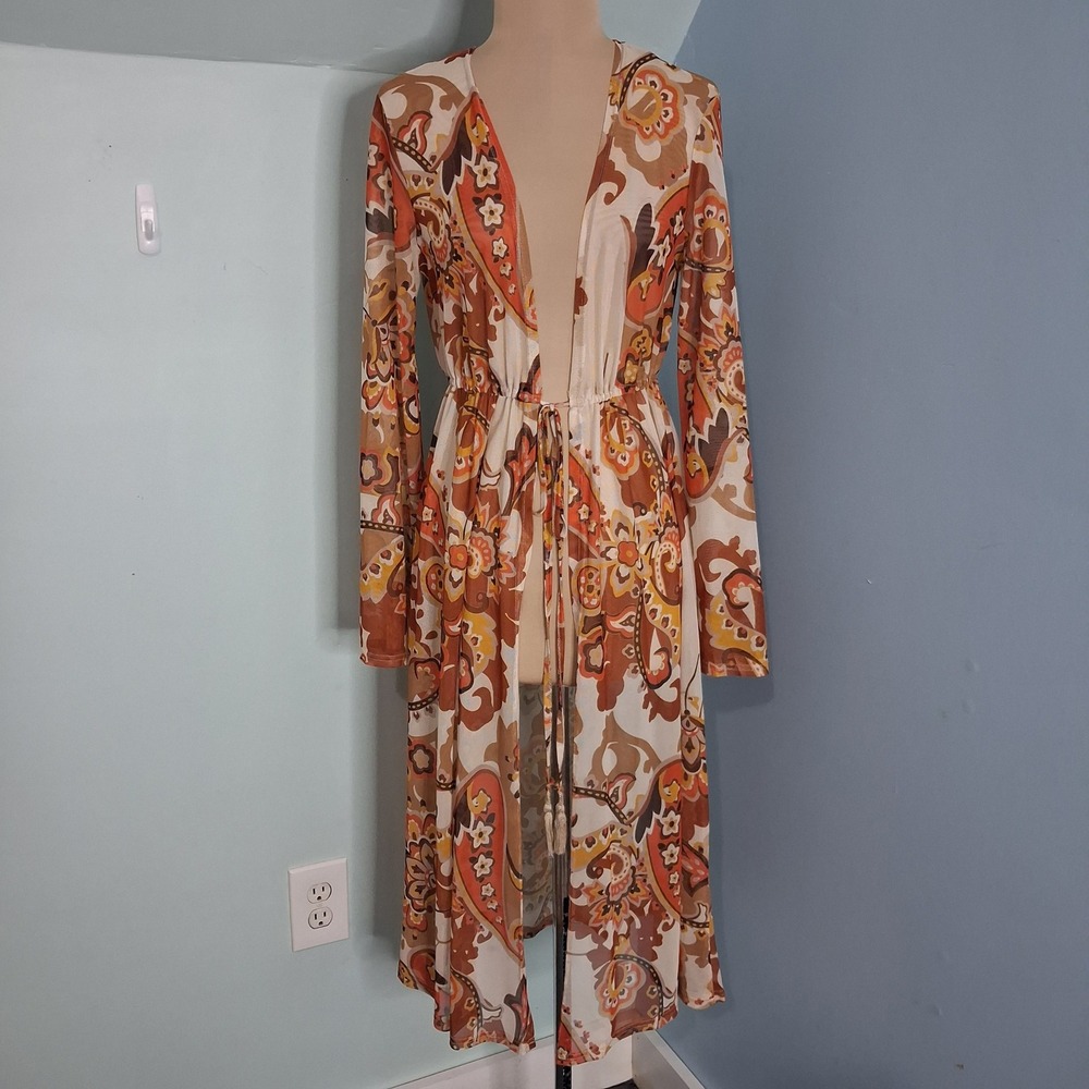 L.I.F.E. Love Is For Eternity Mesh Paisley Duster Cardigan Orange Brown Medium